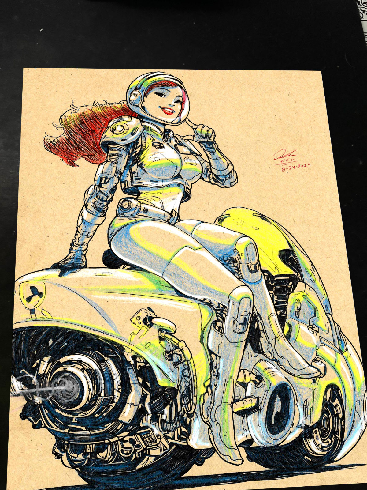 Retro Futuristic Biker Girl Original Art Print Signed 8.5x11 | Art by Keyeske