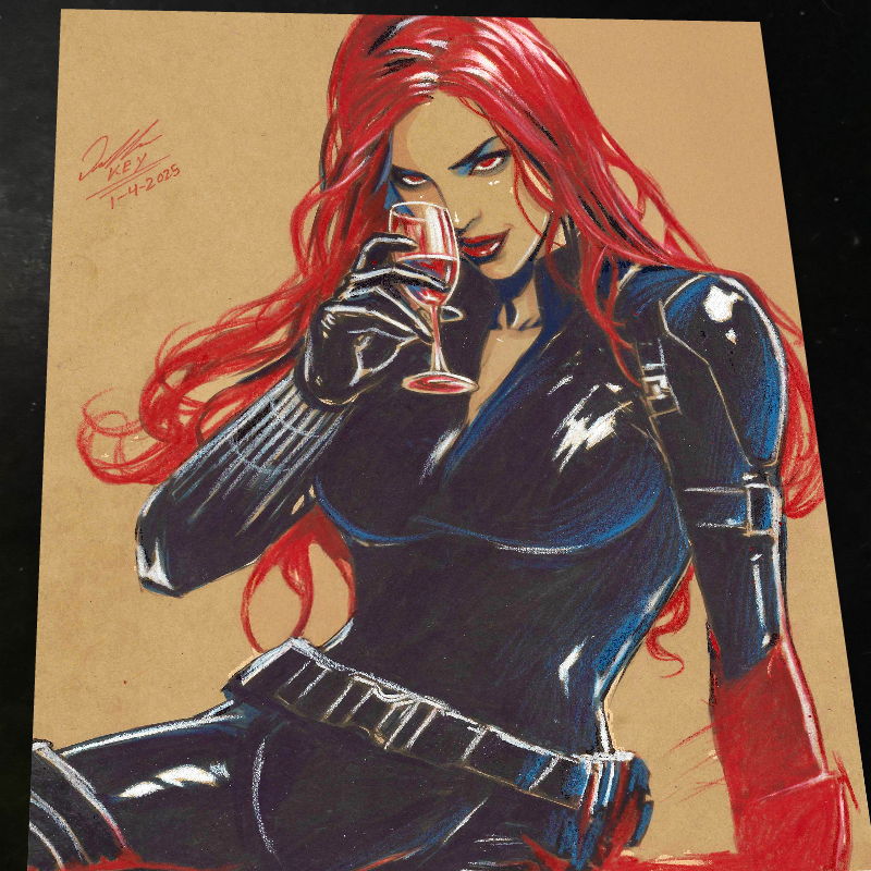 Black Widow Marvel Wine Glass Art Print Signed 8.5x11 | Art by Keyeske