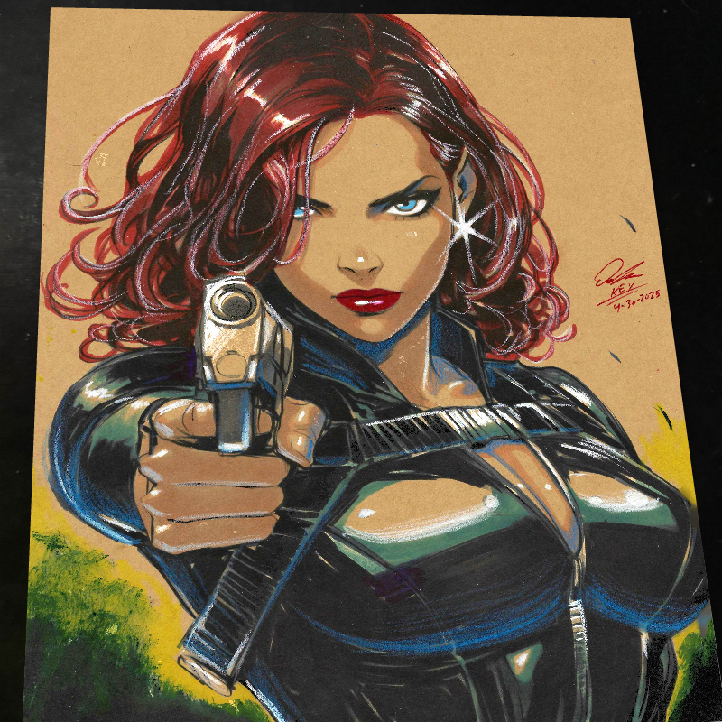 Black Widow Marvel Pistol Aim Art Print Signed 8.5x11 | Art by Keyeske